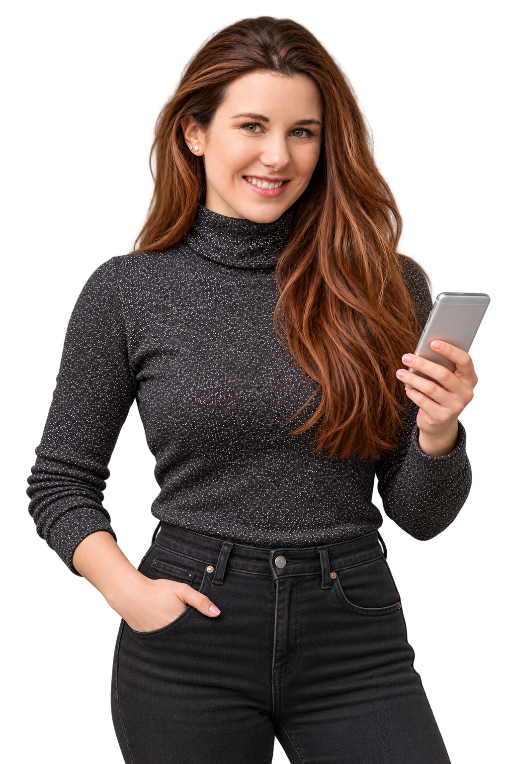Mulher sorrindo e segurando um celular